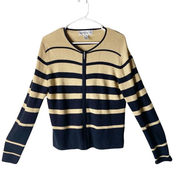 Jones Wear Full Zip Cardigan SweaterSize Medium Knit Black Tan Stripe - Picture 1 of 5